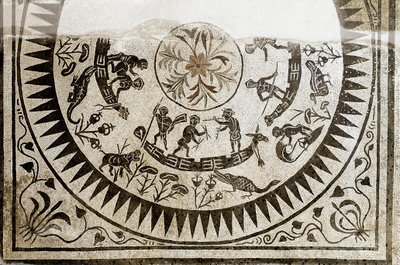 Römische Kunst: Jagd und Fischfang der Pygmäen. Mosaik aus dem 3. Jahrhundert von Roman