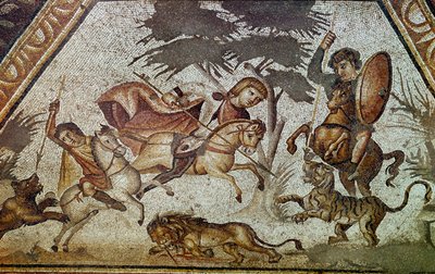 Mosaik der Jahreszeiten aus dem Hof der Konstantin-Villa von Daphne. Detail (Jagdszene mit Löwe und Tiger). Aus dem Vorort von Antiochia am Orontes (heutiges Antakya in Syrien). 325-330 n. Chr. Paris, Musée du Louvre von Roman