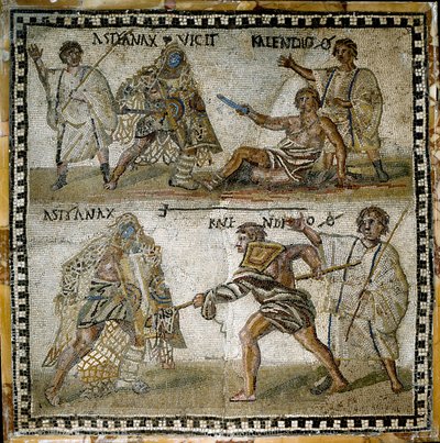 Szene von Gladiatorenkämpfen, zwischen einem Retiarius und einem Secutor, 4. Jahrhundert (Mosaik) von Roman