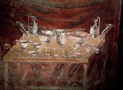 Ansicht eines mit Silbergeschirr bedeckten Tisches (Fresko) von Roman