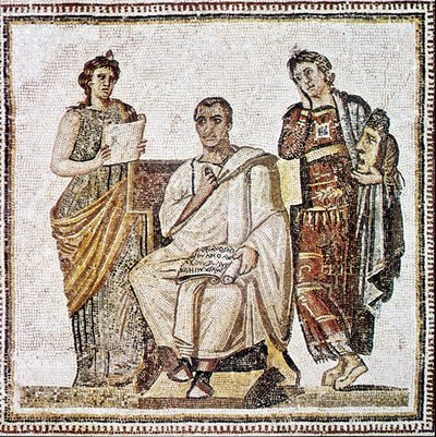 Vergil schreibt die Aeneis unter dem Blick der Musen Clio und Melpomene - Mosaik des 4. Jahrhunderts nach Christus aus Susa in Tunesien von Roman