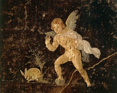 Fresko, das Amor zeigt, wie er einen Hasen jagt, aus Pompeji, Provinz Neapel, Italien, römische Zivilisation von Roman Roman