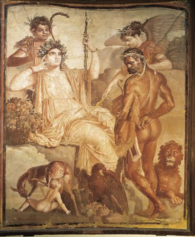Fresko von Herkules, der seinen Sohn Telephus in Arkadien findet, aus der Basilika von Ercolano, Provinz Neapel, Italien von Roman Roman