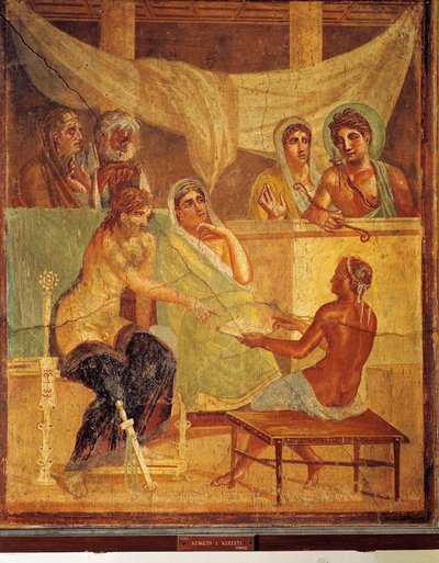 Fresko, das A.D.metus und Alkestis zeigt, die das Orakel konsultieren, aus dem Haus des tragischen Dichters, Pompeji, Italien von Roman Roman