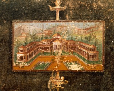 Landschaft und Architektur in Wandmalerei im Tablinum, 3. pompejanischer Stil, Haus des Marco Lucrezio Fronto, aus Pompeji, Kampanien, Italien von Roman Roman
