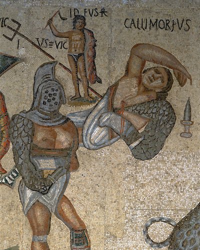 Mosaik mit einer Szene kämpfender Gladiatoren, (Detail) eines Gladiators in Rüstung von Roman Roman