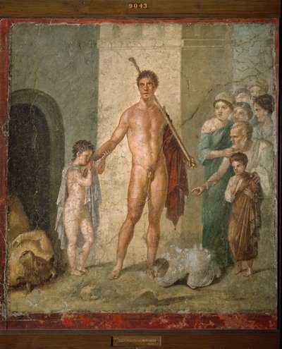 Darstellung von Theseus, dem Helden der griechischen Mythologie, der die sieben jungen Männer aus dem Labyrinth befreit, nachdem er den Minotaurus besiegt hat. Fresko aus der Villa de Gavius Rufus in Pompeji. Dim. 88x97 cm Archäologisches Museum von Neapel von Roman Roman
