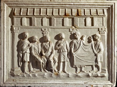 Römische Kunst: Reliefabguss, der ein Gewebe und Wandteppiche darstellt. Nach einem Original aus dem 2. Jahrhundert n. Chr. von Roman Roman