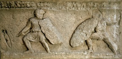 Römische Kunst: Schlachtszene zwischen Römern und Galliern. Reproduktion eines Frieses des Orangenbogens. Rom, Museo della Civiltà Romana von Roman Roman