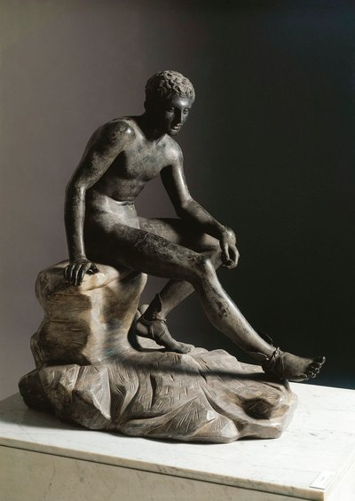 Die Ruhe des Hermes, römische Bronzeskulptur nach einem griechischen Original von Lysipp von Roman Roman