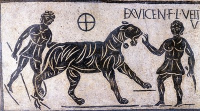 Tigerbändiger in den Mauern des Kolosseums - Römisches Mosaik von Roman Roman