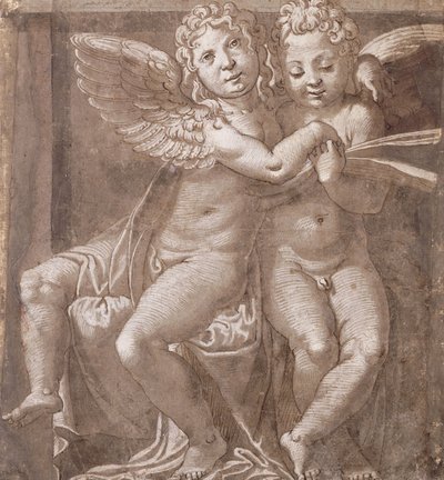 Zwei sitzende Engel singen, nach Polidoro da Caravaggio von Roman School