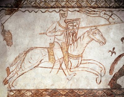 Kreuzzug: Ritter des Templerordens. Romanische Kunst. Fresko der Kapelle von Cressac von Romanesque