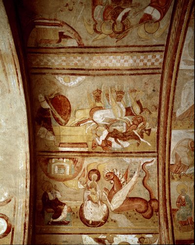 Romanische Kunst: Innenraum der Abtei von Saint-Savin-sur-Gartempe (Saint Savin sur Gartempe) in Wien (Frankreich), gegründet von Karl dem Großen (1060-1115). Wandmalerei an der Decke um 1100. Fresko. von Romanesque