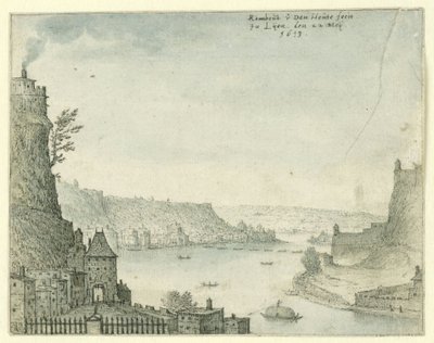 Ansicht einer Stadt an einem Fluss von Rombout van den Houte