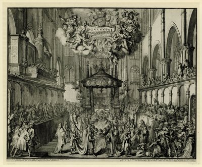 Chor der Westminster Abbey mit der Trauerfeier für die Königin, 1695 von Romeyn de Hooghe