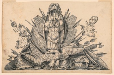 Eine Trophäe von Waffen, die in der Malerei ausgeführt werden soll von Romolo Achille Liverani