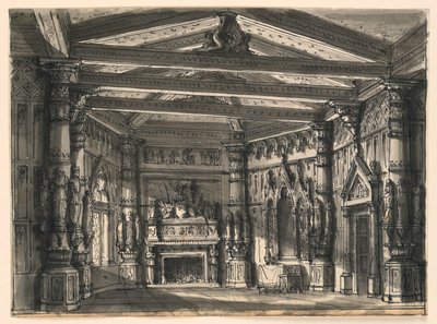 Bühnenbild, Inneres einer gotischen Halle von Romolo Achille Liverani