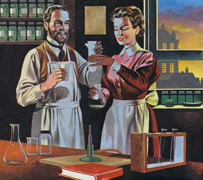 Pierre und Marie Curie in ihrem Labor in Paris von Ron Embleton
