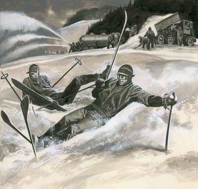 Skifahrer und Schneemaschinen von Ron Embleton