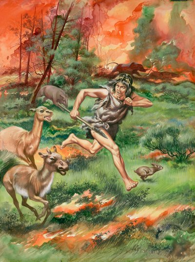 Steinzeitmensch, der vor Feuer mit Tieren flieht von Ron Embleton