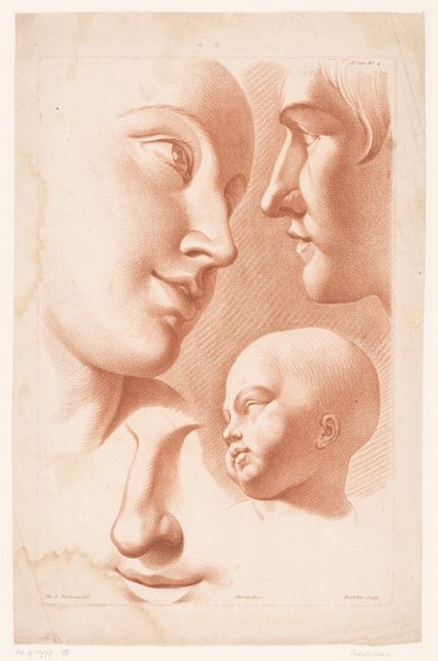 Köpfe von Frau, Mann und Kind (Principes van het tekenen naar de natuur, deel zwei) von Louis François Roubillac