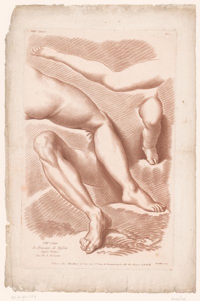 Titelblatt mit vier Beinen in verschiedenen Positionen Prinzipien des Zeichnens nach der Natur, Teil acht (Serientitel) von Louis François Roubillac