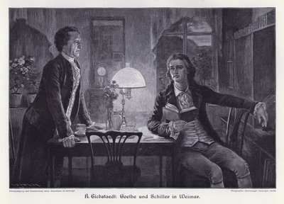 Deutsche Schriftsteller Friedrich Schiller und Johann Wolfgang von Goethe in Weimar (Gravur) von Rudolf Eichstaedt