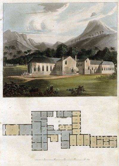 Ansicht und Plan von Longwood House, St. Helena: die Residenz von Napoleon Bonaparte von Rudolph Ackermann