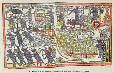 Begräbnisprozession von Mäusen für eine tote Katze, Karikatur über das Begräbnis von Peter dem Großen, 1860 von Russian School