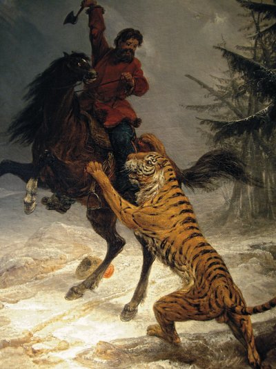 Sibirischer Tiger greift einen Kosaken an von Russian School