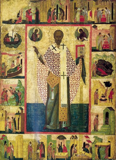 Heiliger Nikolaus von Zaraisk mit Szenen aus seinem Leben, frühes 16. Jahrhundert von Russian icon.