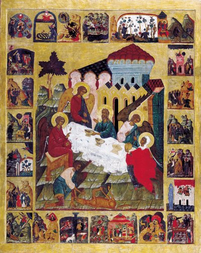 Die Dreifaltigkeit des Alten Testaments mit Szenen aus Genesis von Russian icon.