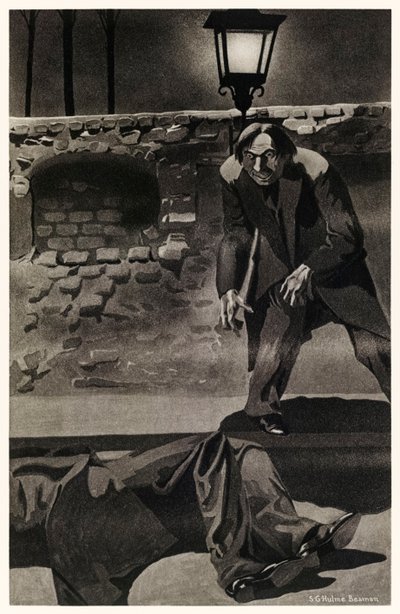 Flüchtete vom Ort dieser Exzesse, zugleich triumphierend und zitternd aus „Der seltsame Fall des Dr. Jekyll und Mr. Hyde“ von Robert Louis Stevenson. Illustration von S.G. Hulme Beamam, 1930 von S. G. Hulme Beamam