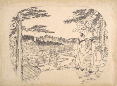 Zwei Frauen bewundern die Aussicht von einem Aussichtspunkt...der Zenpukuji-Tempel von Sadahide Utagawa