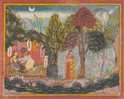 Krishna und Radha in einer Laube: Seite aus einem verstreuten Gita Govinda, ca. 1665 von Sahibdin