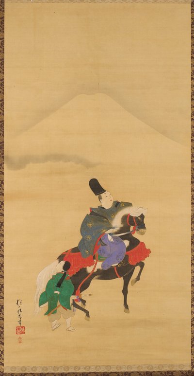 Narihira reitet unterhalb des Fuji von Sakai Hoitsu