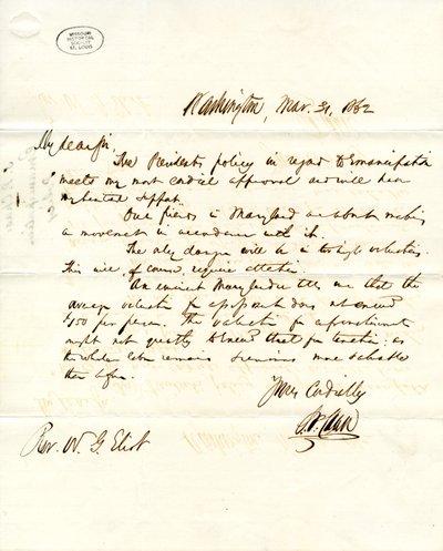 Brief unterzeichnet S.P. Chase, Washington, an W.G. Eliot, 31. März 1862 von Salmon P. Chase