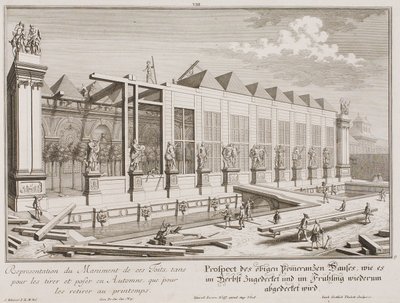 Prospekt des Pomeranzenhauses während der Eindeckung für den Winter von Salomon Kleiner