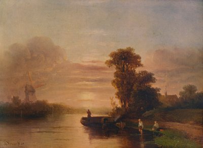 Sonnenuntergang an einem Fluss, mit Windmühle und Hütte, 1848, 1938 von Salomon Leonardus Verveer