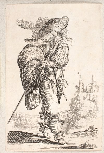 Gehender Mann, Dreiviertelprofil rechts, der nach dem Schwert an seiner Hüfte greift. Im Hintergrund eine Burg von Salomon Savery