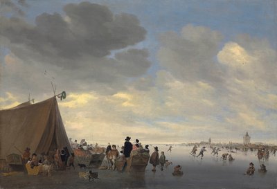 Schlittschuhläufer auf dem zugefrorenen Fluss Lek, die Stadt Vianen im Hintergrund, 1653 von Salomon van Ruisdael or Ruysdael