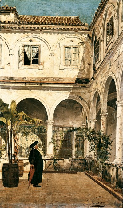 Der Vater Salabot im Kreuzgang des Klosters von Saint Francois von Cadiz (Cadiz). Gemälde von Salvador Viniegra y Lasso (1862-1915) 1881 Cadiz. Museum von Cadiz. Spanien von Salvador Viniegra y Lasso de la Vega