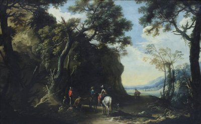 Landschaft mit Reisenden, die nach dem Weg fragen, ca. 1641 von Salvator Rosa