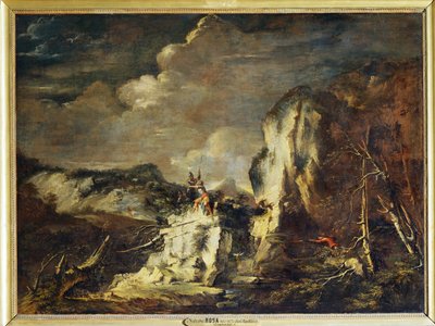 Felsige Landschaft mit einem Jäger und Kriegern von Salvator Rosa