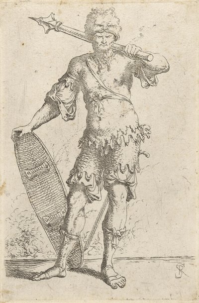 Stehender exotischer Krieger mit Löwenkopf-Kappe, Keule und Schild, ca. 1656-57 von Salvator Rosa