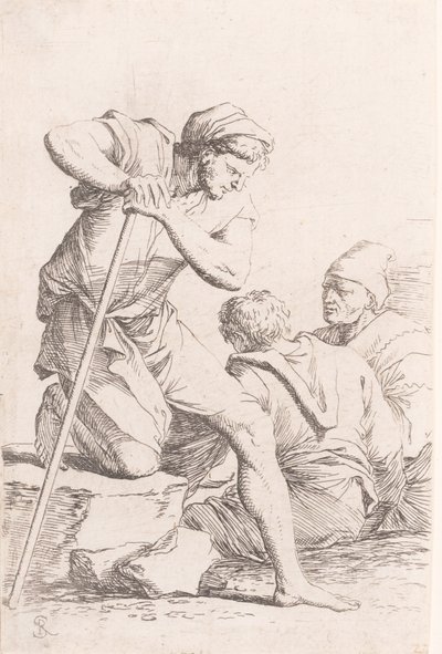 Zwei Männer sitzen und ein anderer Mann hält einen Stab und kniet auf einem Felsen, aus der Serie..., ca. 1656-1657 von Salvator Rosa