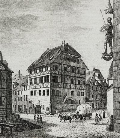 Haus von Albrecht Dürer (1471-1528) in Nürnberg, Deutschland, Lithografie von Salvatore Puglia aus Poliorama Pittoresco, Nr. 31, 12. März von Salvatore Puglia