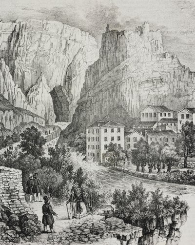 Ansicht von Fontaine-de-Vaucluse, Frankreich, Lithographie von Sardi aus Poliorama Pittoresco, Nr. 51, 30. Juli von Salvatore Puglia