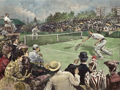 Die Lawn-Tennis-Meisterschaft in Wimbledon 1891, Messrs W Baddeley und J Pim im Finale (farbige Gravur) von Samuel (after) Begg